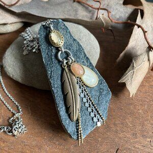 Lucky Brand - Multi Metal Brass Silvertone - Feather Bezel Set Stones Long Chain